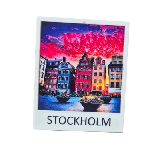 Colorful Stockholm Old Town souvenir fridge magnet featuring historic buildings and vibrant sky