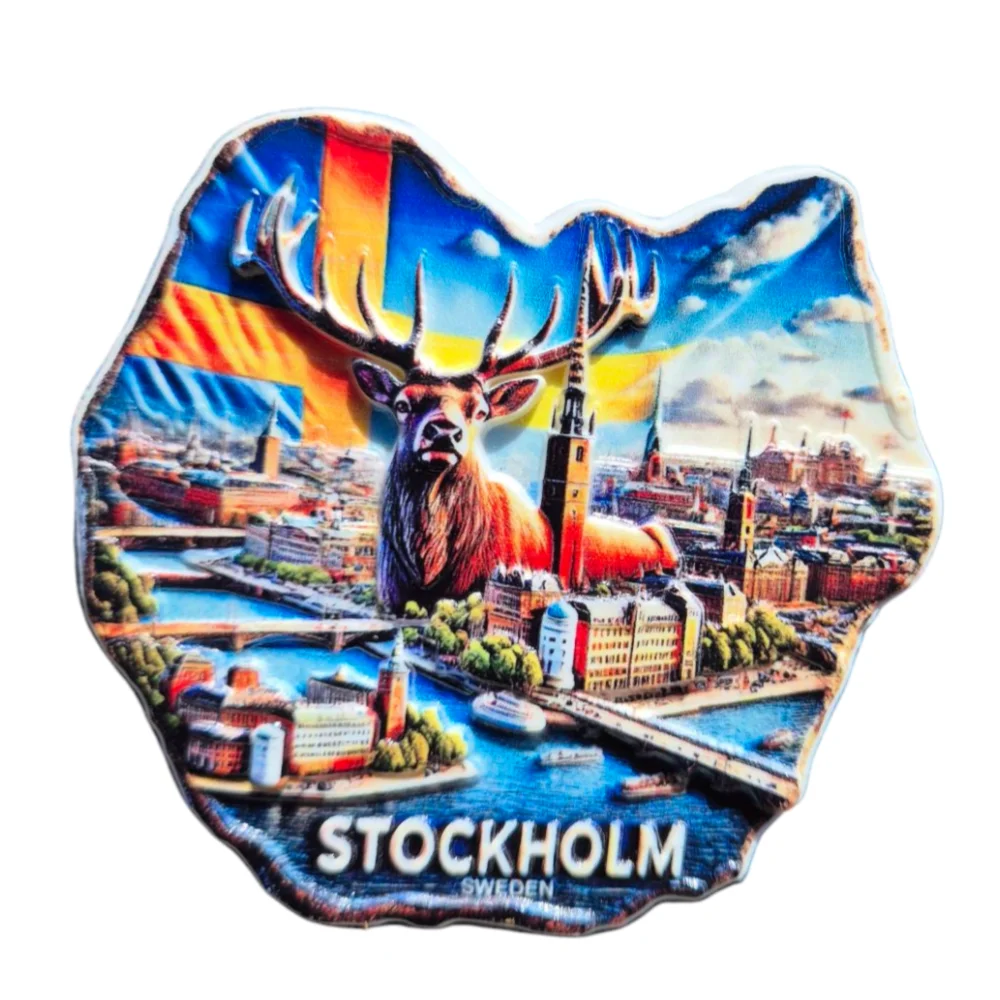 Colorful Stockholm skyline magnet featuring a moose and iconic city landmarks