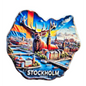 Colorful Stockholm skyline magnet featuring a moose and iconic city landmarks