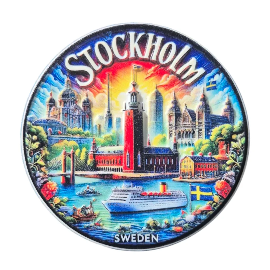 Colorful Stockholm souvenir magnet featuring iconic city landmarks and a scenic waterfront view