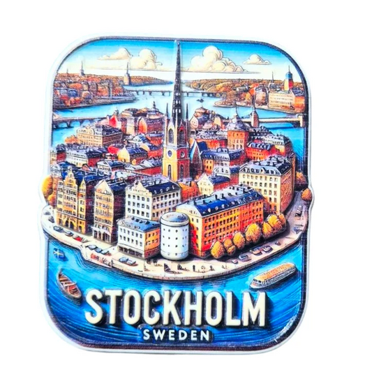 Colorful Stockholm souvenir magnet featuring a panoramic view of the city and its iconic skyline