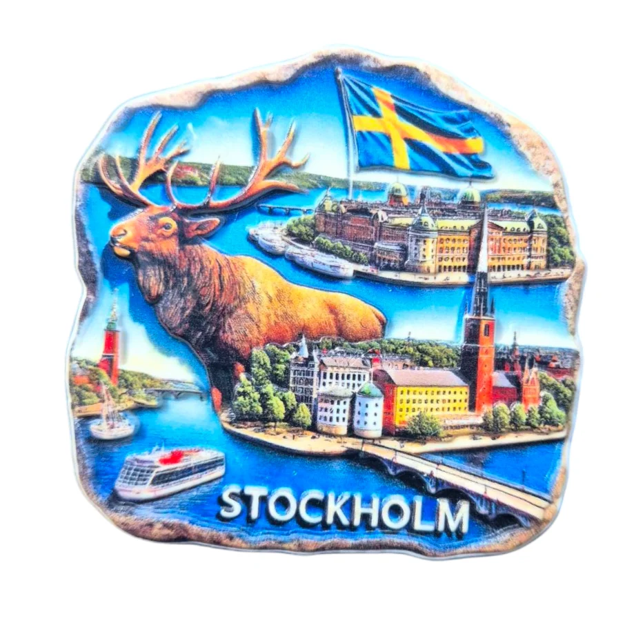 Colorful Stockholm souvenir magnet featuring a moose, city skyline, and boats on the water