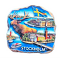 Colorful Stockholm souvenir magnet featuring a moose, city skyline, and boats on the water