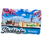 Colorful Stockholm souvenir magnet featuring the city skyline and blooming flowers