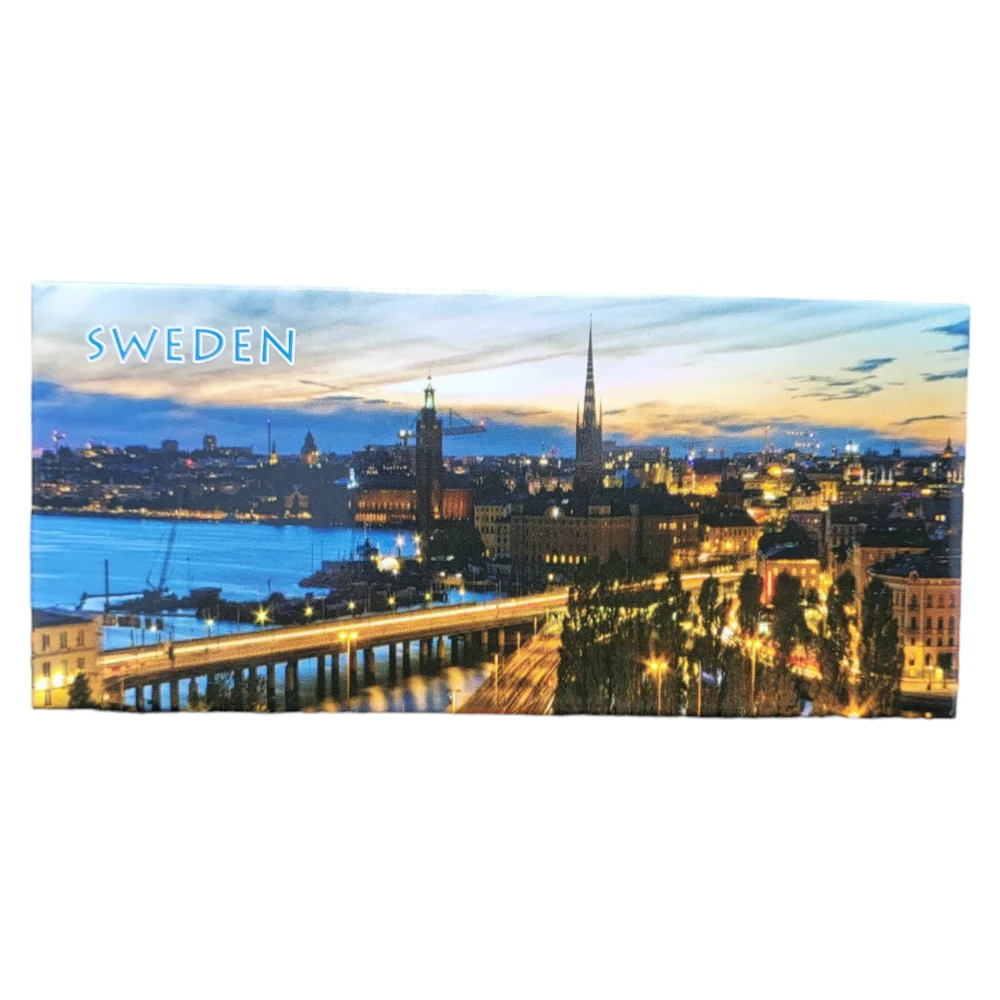 Stockholm souvenir magnet featuring a beautiful skyline view of Sweden at sunset