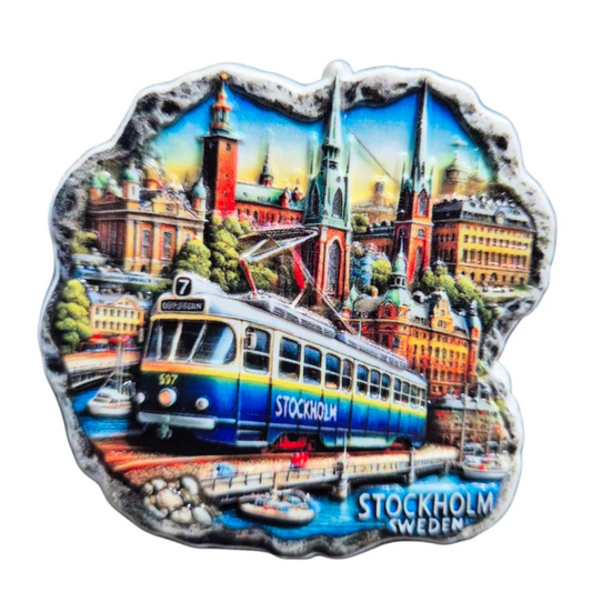 Stockholm souvenir magnet featuring iconic landmarks and tram in vibrant colors