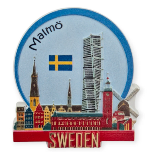 Sweden city fridge magnet featuring Malmö skyline and landmarks with vibrant colors