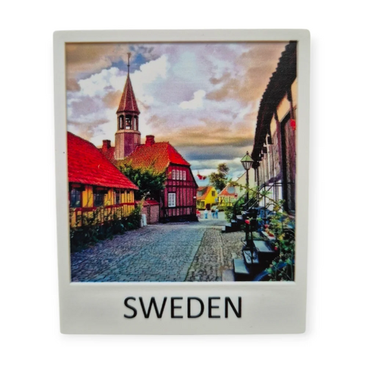Sweden city polaroid magnet featuring picturesque street scene with traditional buildings