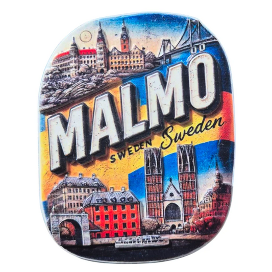 Colorful Sweden fridge magnet featuring Malmo with iconic buildings and landmarks