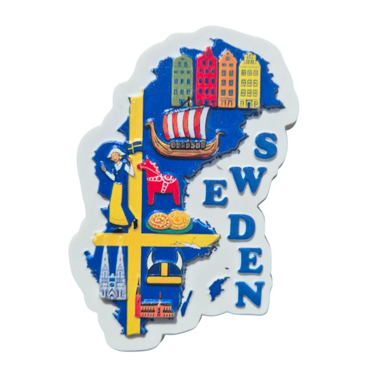 Colorful Sweden map fridge magnet featuring iconic Swedish elements and landmarks