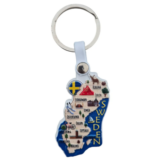 Colorful Sweden map keychain showcasing major cities and landmarks in a compact design