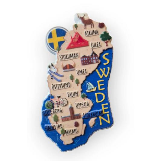 Sweden map souvenir fridge magnet featuring iconic landmarks and cities in colorful design