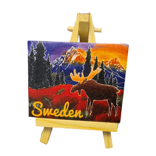 Customizable Sweden moose canvas art depicting a moose in a colorful landscape