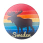 Sweden moose fridge magnet with colorful striped background and silhouette of a moose