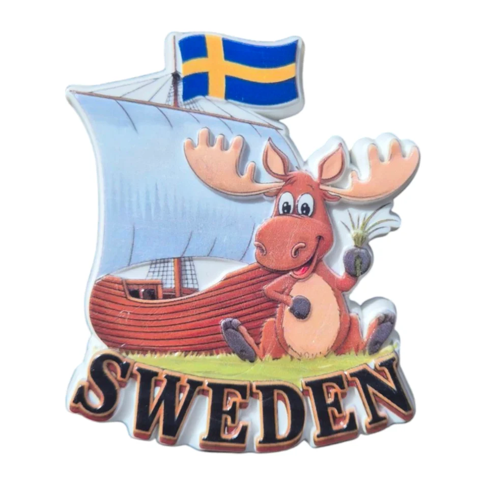 Colorful Sweden moose magnet featuring a happy moose and a Viking ship design