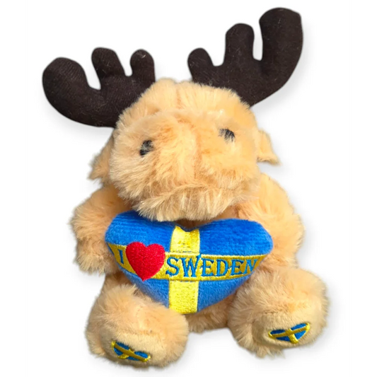 Sweden moose plush toy with 'I love Sweden' heart and detailed stitched features