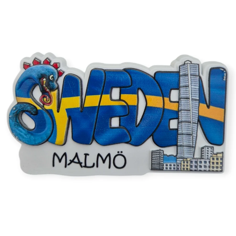 Colorful Sweden themed gifts magnet featuring Malmö skyline and vibrant design