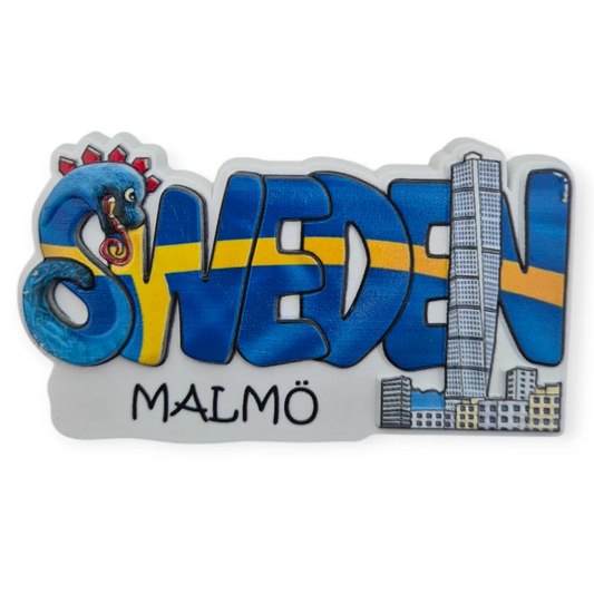 Colorful Sweden themed gifts magnet featuring Malmö skyline and vibrant design