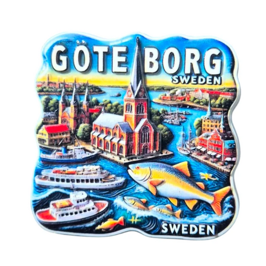 Colorful Swedish city fridge decor featuring Gothenburg with landmarks and boats