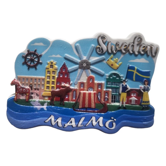 Colorful Swedish fridge magnets featuring iconic Malmo landmarks and symbols of Sweden