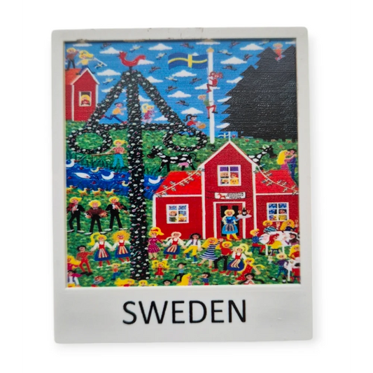 Vibrant Scandinavian photo gifts magnet featuring Swedish folk art and rural scenery