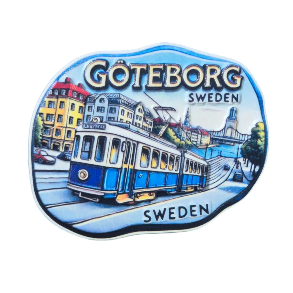 Colorful Göteborg Sweden Magnet featuring iconic tram, perfect Swedish souvenir gifts