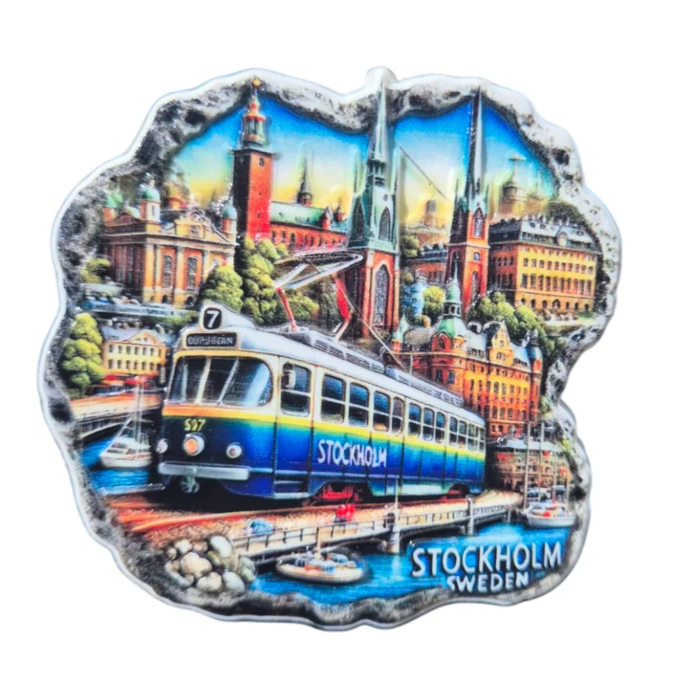 Colorful Swedish souvenir magnet featuring Stockholm tram and iconic cityscape landmarks