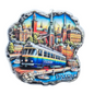 Colorful Swedish souvenir magnet featuring Stockholm tram and iconic cityscape landmarks