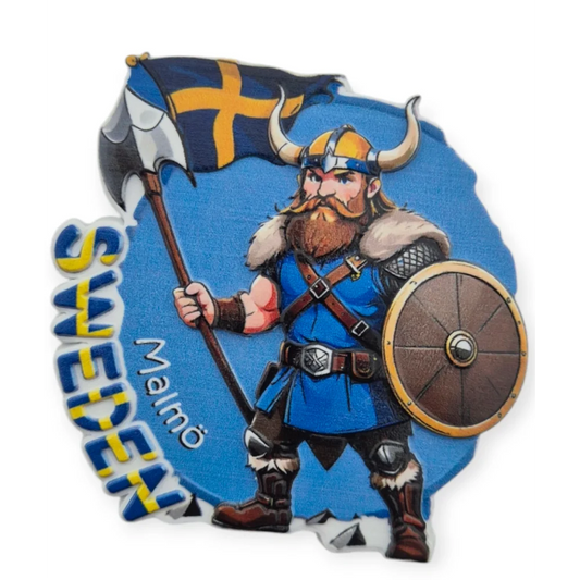 Colorful Swedish souvenir magnet featuring a Viking holding a flag and shield with Sweden text