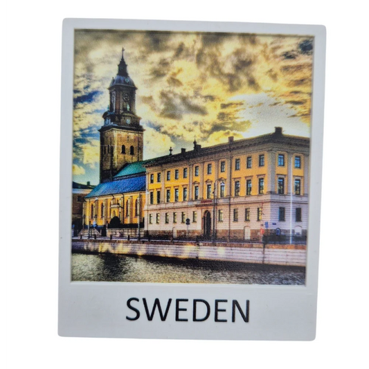 Swedish souvenir photo featuring a scenic view of a historic building in Sweden at sunset