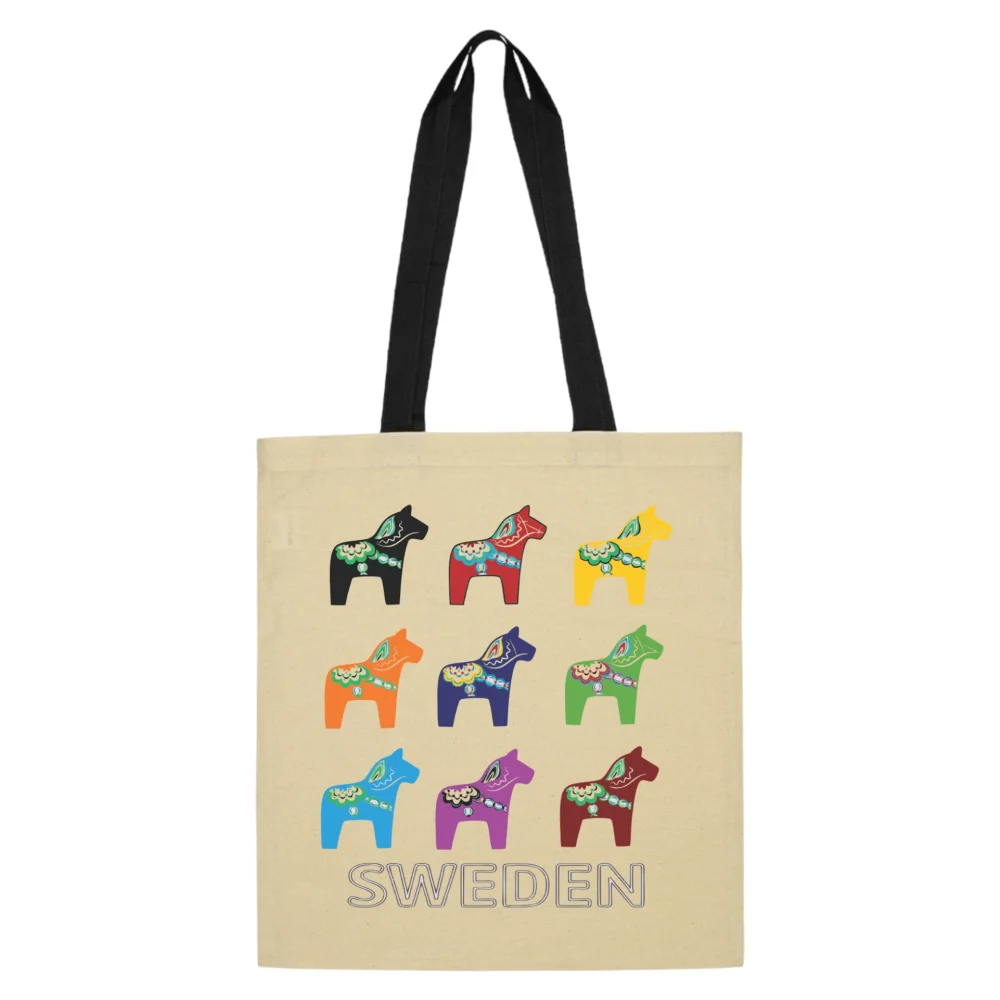 Swedish souvenir shopping bag featuring colorful Dala horses with sturdy black straps