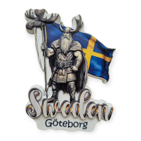 Swedish Viking memorabilia featuring a Viking holding a flag, representing Swedish culture and history