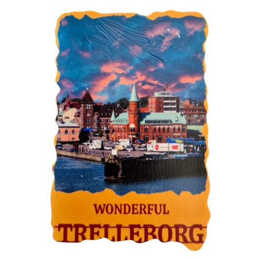 Colorful Trelleborg souvenirs fridge magnet featuring a scenic view of Trelleborg's waterfront