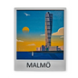 Turning Torso polaroid fridge magnet showcasing the iconic Malmö skyline at sunset